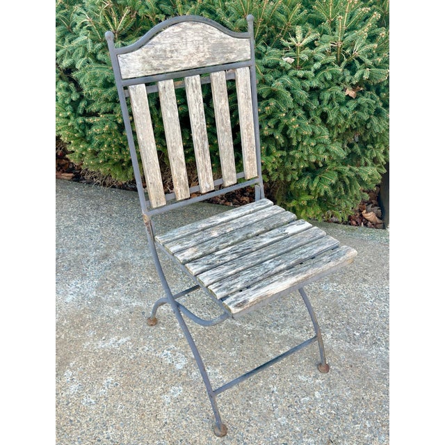 Pair (2) Vintage French Wood & Metal Folding Bistro Chairs Wrought Iron Frame and Teak Slats For Sale - Image 4 of 12