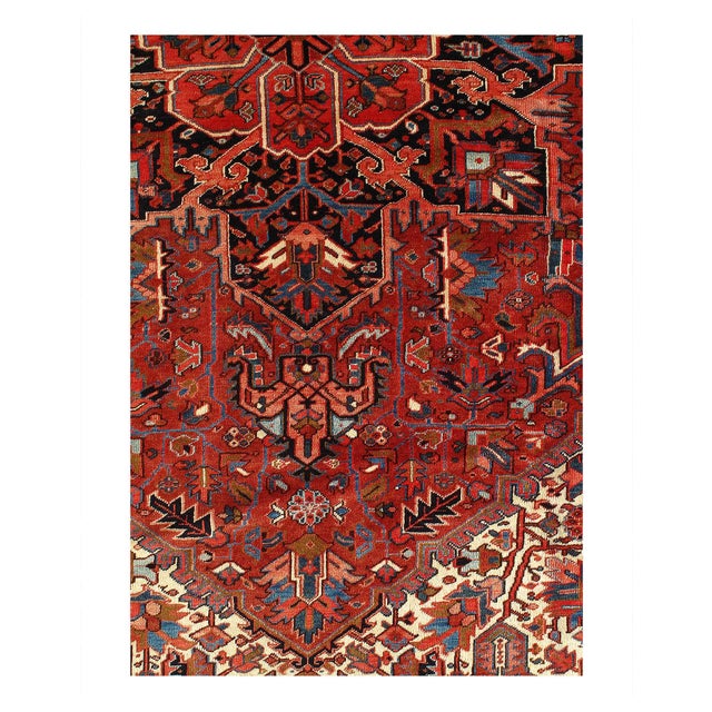 The brilliant rust field bears a central Ray of Life and many highly abstracted floral shapes in this fascinating antique...