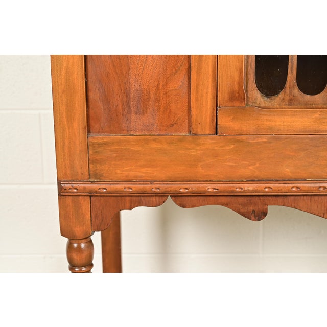 Berkey & Gay Style Antique English Jacobean Carved Walnut and Burl Wood Bookcase or Bar Cabinet, Circa 1920s For Sale - Image 9 of 13