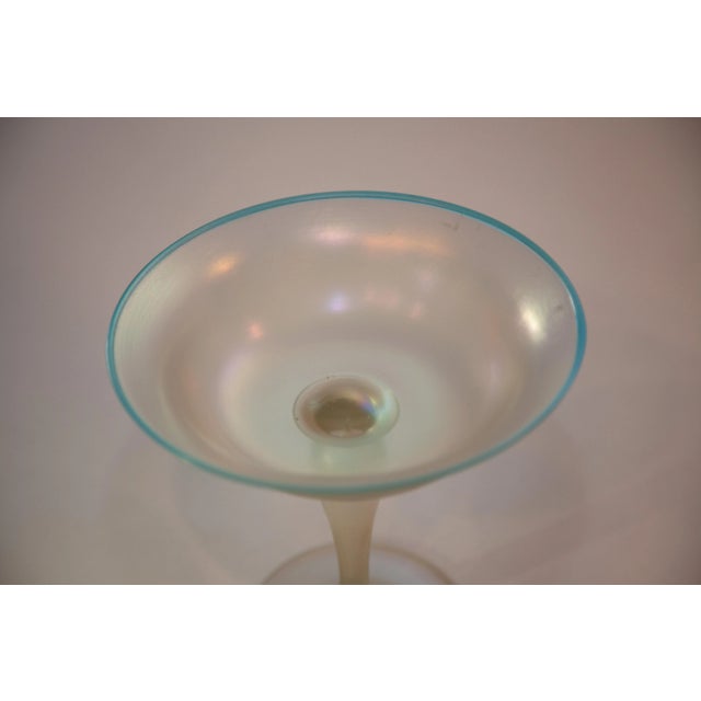 Steuben Glassworks Verre De Soie Compote with blue edge trim. Nice shaped stem with captured air space. Original partial...