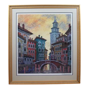 Anatole Krasnyansky Vencie Yellow Sunset Italian Cityscape Seriolithograph Print 37"