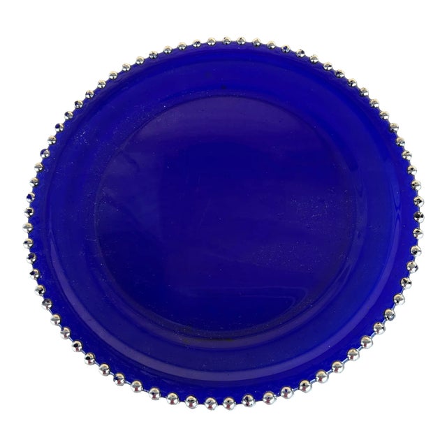 Vintage Blue Glass Charger Plate With Silver Beads For Sale