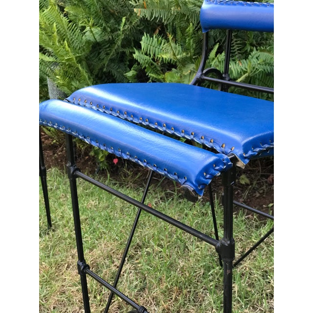 Chic Vintage Mid-Century Ilana Goor Style Counter Height Iron Stools - A Pair -in Blue Faux Leather For Sale - Image 10 of 12