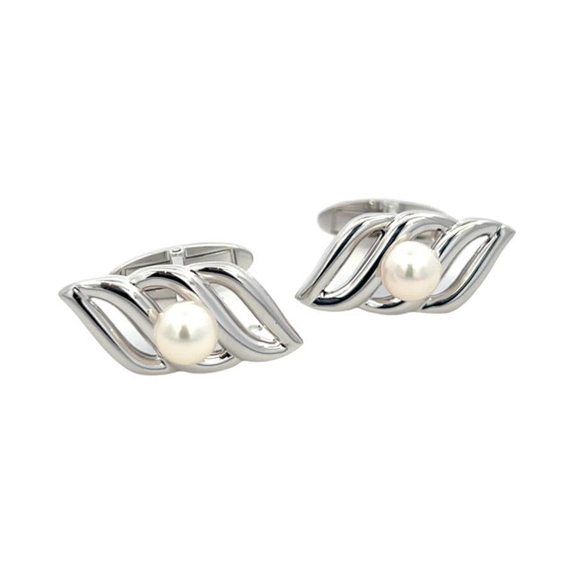 Contemporary 1990s Mikimoto Estate Akoya Pearl Mens Cufflinks Silver, 2 Pieces For Sale - Image 3 of 8