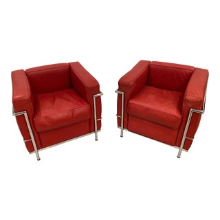 Chrome and Red Leather Club Chairs in the Style of Le Corbusier - a Pair For Sale