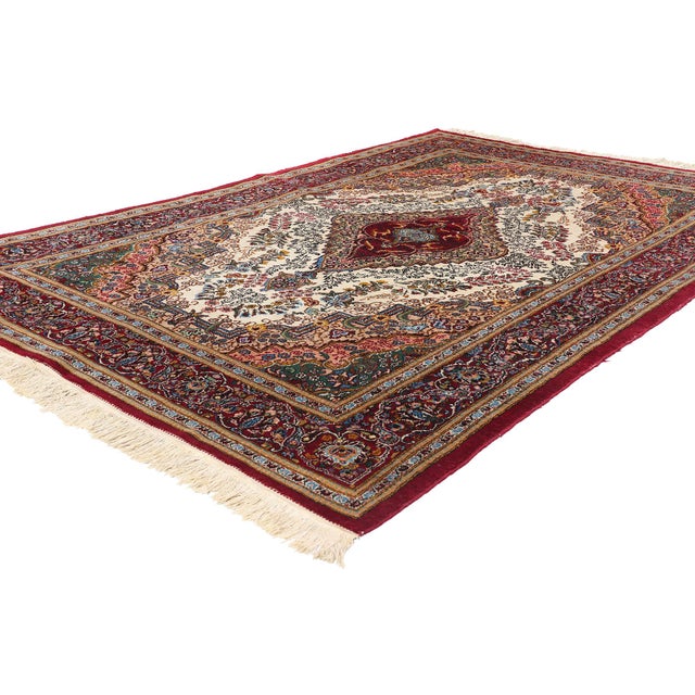 78936 Vintage Persian Yazd Rug, 05'07 x 08'07. This captivating hand-knotted wool vintage Persian Yazd rug weaves together...