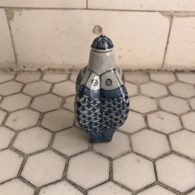 Chinese Blue & White Porcelain Koi Fish Bottle For Sale - Image 11 of 11