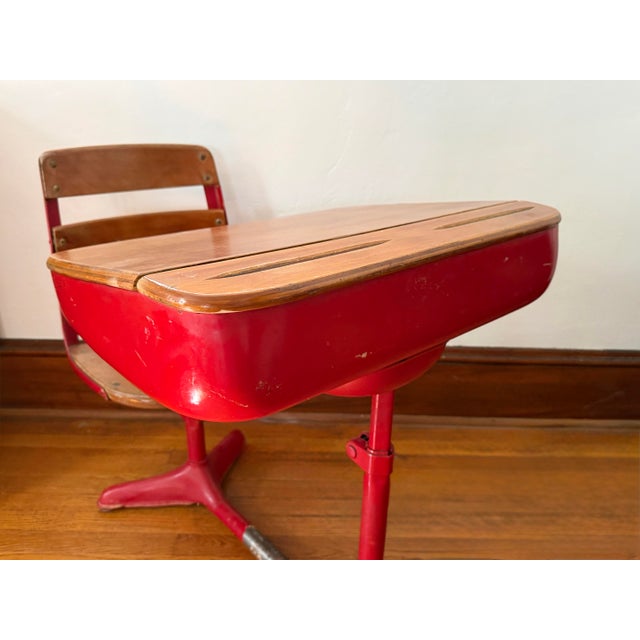 Mid-Century Modern Mid Century Red Metal Children's School Desk With Attached Wood Seat For Sale - Image 3 of 10