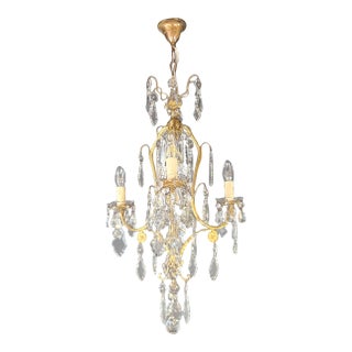 1930s Art Nouveau Brass Crystal Chandelier Ceiling Lamp For Sale