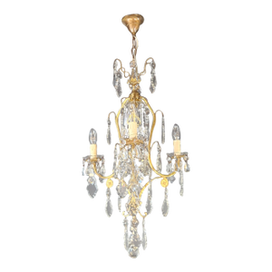 1930s Art Nouveau Brass Crystal Chandelier Ceiling Lamp