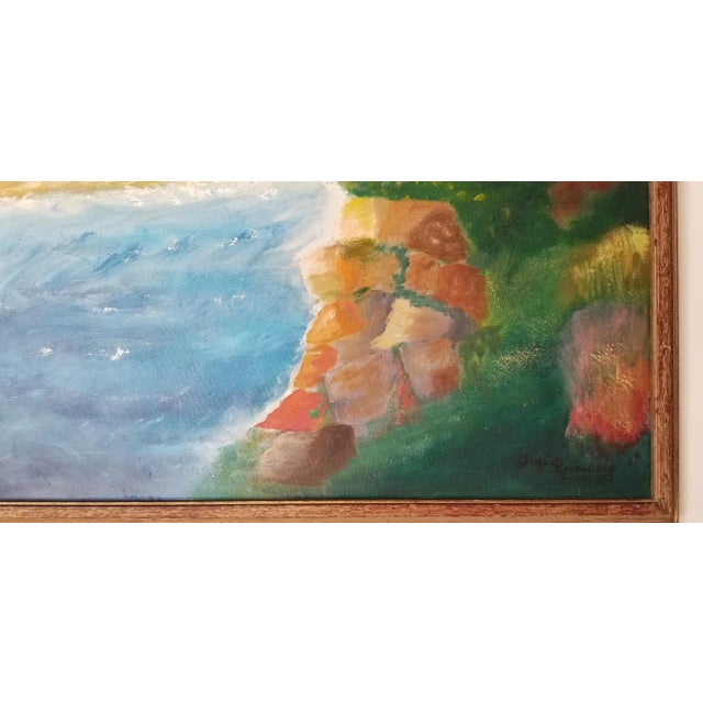 Textile 1970s Coastal Mountain Landscape Oil Painting by Luci Rosenberg, Framed For Sale - Image 7 of 11