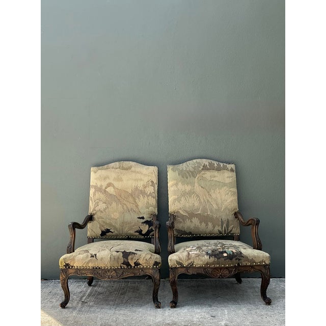 18th Century Vintage 18th Century French Baroque Tapestry Arm Chairs - A Pair For Sale - Image 5 of 12