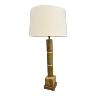 Vintage Mid-Century Jade Column Table Lamp With Cream Lampshade For Sale