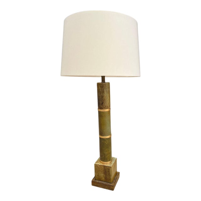 Vintage Mid-Century Jade Column Table Lamp With Cream Lampshade For Sale