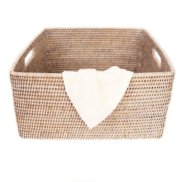 2020s Artifacts Rattan Square Storage Basket with Rounded Corners in White Wash - 16" For Sale - Image 5 of 7