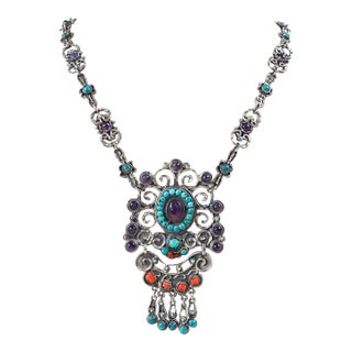 Vintage Morales Matl Style Sterling Amethyst Turquoise Coral Necklace For Sale
