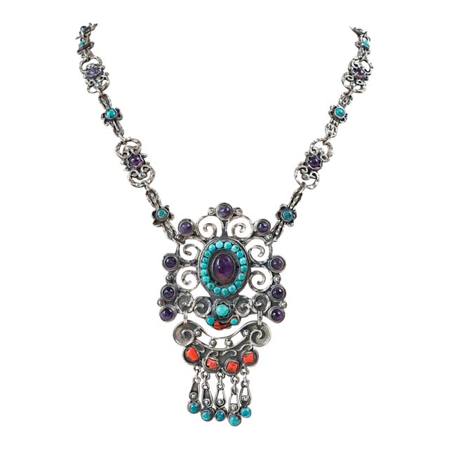 Vintage Morales Matl Style Sterling Amethyst Turquoise Coral Necklace For Sale