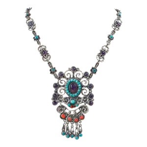Vintage Morales Matl Style Sterling Amethyst Turquoise Coral Necklace