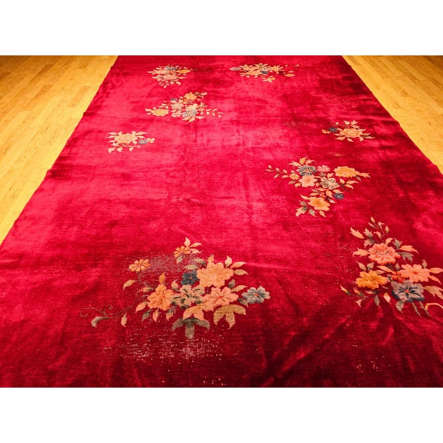 Antique Chinese Art Deco Rug, Hand-Knotted Wool, Crimson Floral Design, 10x14 For Sale - Image 14 of 18