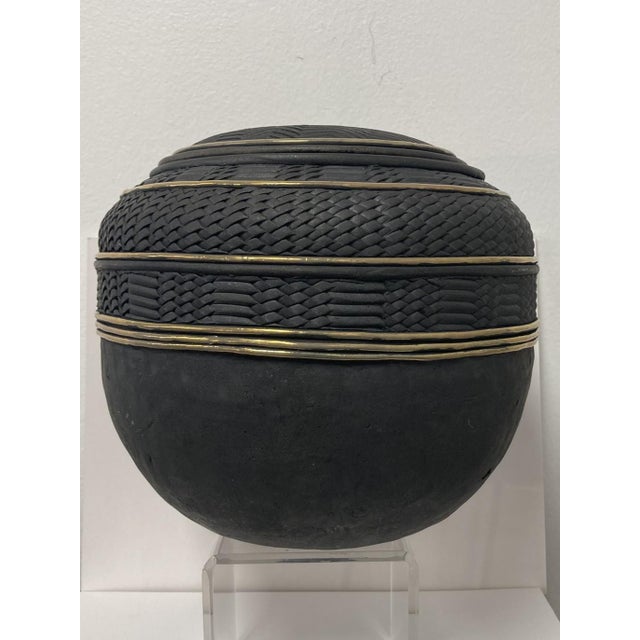 Candone Wharton Raku Basketweave Patterned Lidded Vessel For Sale - Image 12 of 12