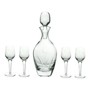 Mid Century Modern Flower Cut Design Decanter With 4 Glasses Set, Signed Leo