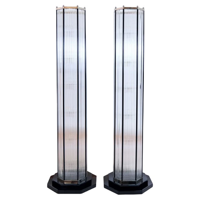 Art Deco Octagonal Floor Lamps with Glass Rods and Stepped Black Base, 2022, Set of 2 For Sale