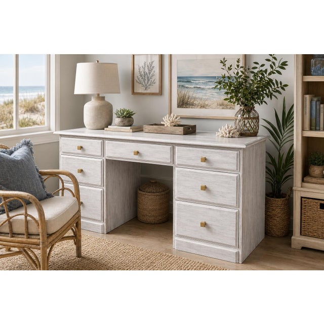 A beautifully refinished solid pine double pedestal desk in our signature Coastal Breeze finish, offering a light, airy...