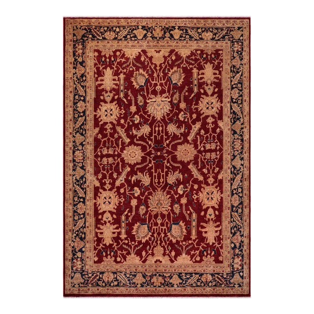 Shabby Chic Ziegler Red Blue Hand-Knotted Wool Rug - 9'3'' X 11'8'' For Sale