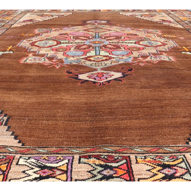 Textile Vintage Turkish Kars Rug With Medallion on a Brown Field With Pops of Color 9'4" X 10'2" For Sale - Image 7 of 10
