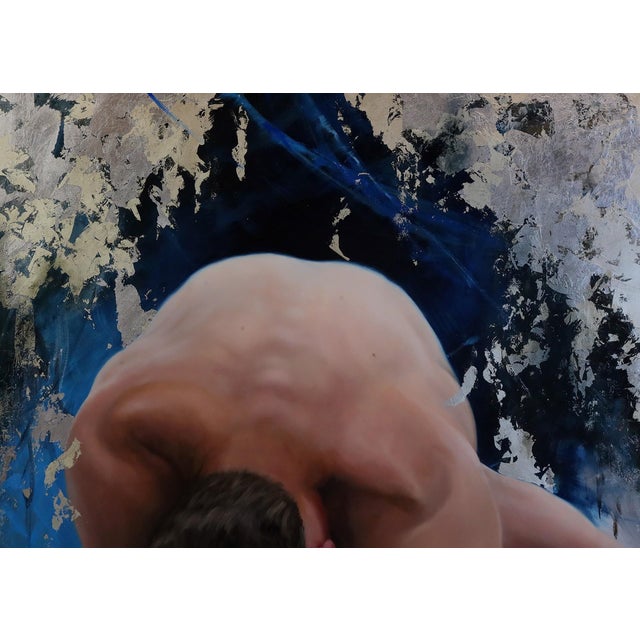 Contemporary Exhale by Brian O'Neill | Oil on panel with White Gold & Silver Leaf of a figure in a crouched pose For Sale - Image 3 of 5