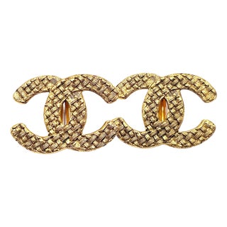 Chanel Vintage Gold Plated CC Basket Weave Large Clip on Earrings, A Pair For Sale