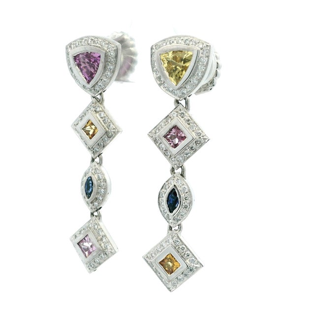 2000 - 2009 Italian 18k White Gold Multicolor Sapphire and Diamond Drop Earrings, Pair For Sale - Image 5 of 10