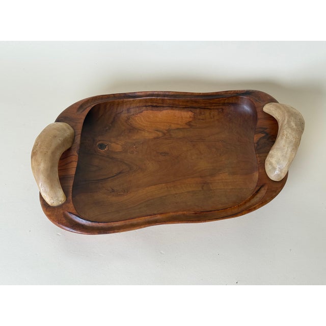 Gold Spanish Olive Wood Centerpiece Bowl with Cow Horn Handles, 1960s For Sale - Image 8 of 15