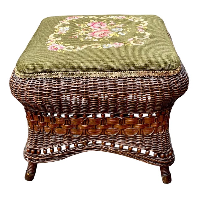Antique Heywood Wakefield Wicker Foot Stool Ottoman For Sale