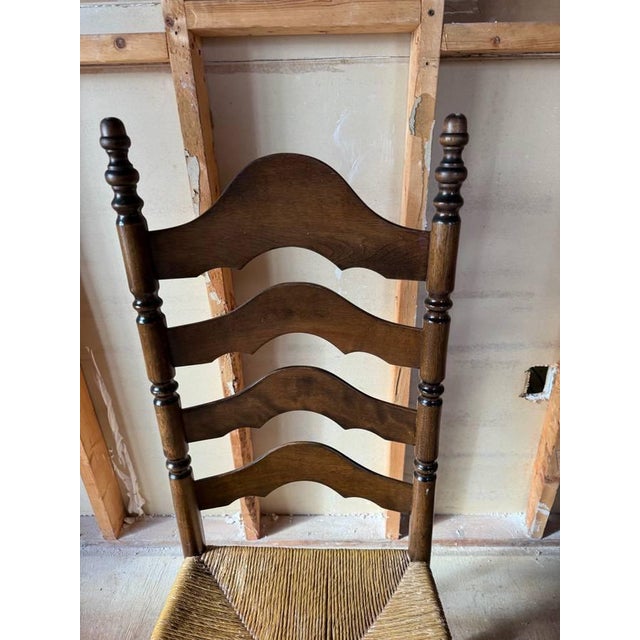 Vintage Early American French Rustic Style High Ladder Back Rush Seat Side Chairs For Sale - Image 15 of 17