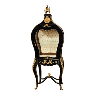Gothic-Inspired French Display Vitrine – Black Finish, White Tufted Velvet Interior & Gold Leaf Details For Sale
