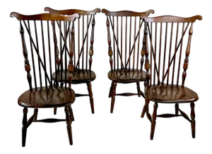 Mid-Century Rustic English Ethan Allen Tall Windsor Dining Chairs, Old Tavern Collection - Set of 4.