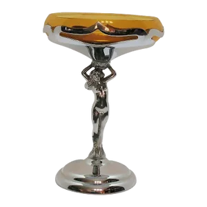 1930s Chrome Farberware Nude Women Art Deco Compote with Amber Glass Cup