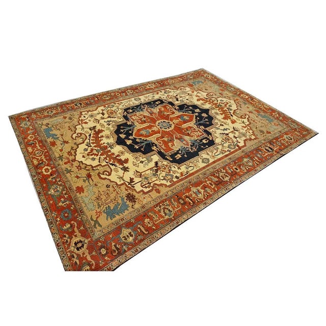 Persian Serapi Wool 7x11 Rust, Navy, Tan, & Ivory Handmade Area Rug #9902841 For Sale - Image 4 of 12