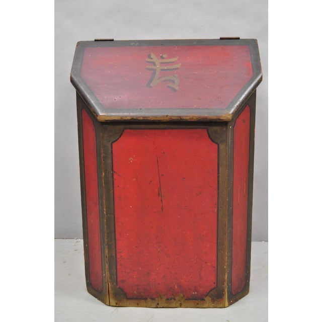 Antique British Colonial Red Painted Wooden Store Tea Coffee Bin W/ Asian Symbol For Sale - Image 16 of 17