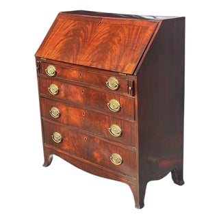 Antique George III Figured Mahogany Slant Lid Writing Desk With Rare Brass Pulls For Sale