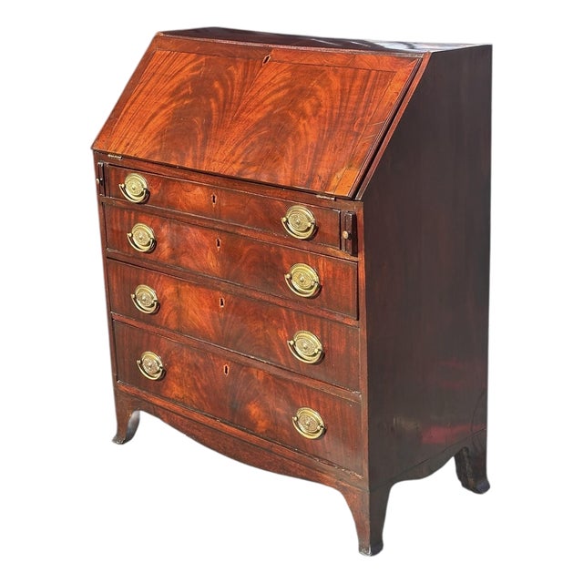 Antique George III Figured Mahogany Slant Lid Writing Desk With Rare Brass Pulls For Sale