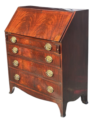 Antique George III Figured Mahogany Slant Lid Writing Desk With Rare Brass Pulls