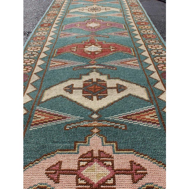 Textile Vintage Turkish Oushak Runner With Teal, Rust, Ivory, and Lavender Tones For Sale - Image 7 of 13
