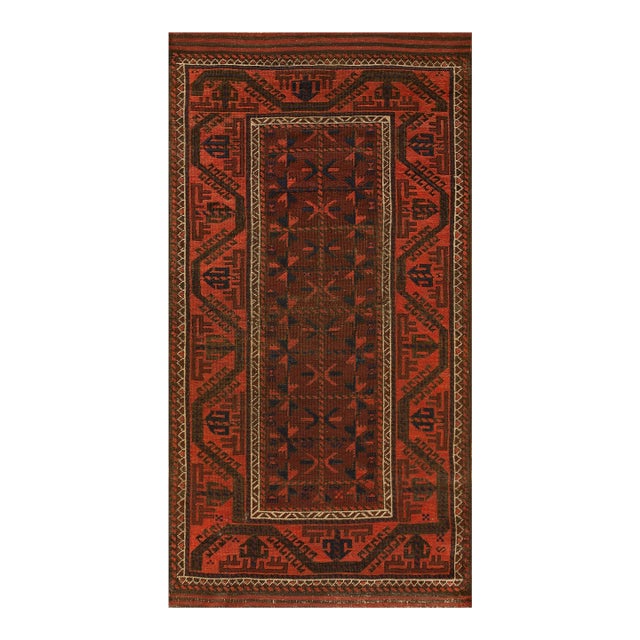 1900s Brown Red Wine Geometric Tribal Antique Persian Baluch Turkmen Rug 2'9" X 5'5" Handknotted Wool Carpet For Sale