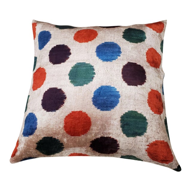 Silk Uzbek Ikat Velvet Hand Made Square Pillow Cushion,19x19 For Sale