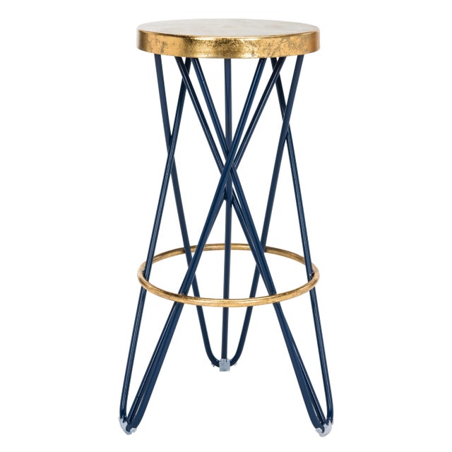 Modern Hairpin Leg Barstool in Navy & Gold For Sale - Image 3 of 3