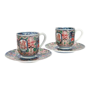 Pair of Antique Japanese Meiji 'Black Ship' Imari Porcelain Cups & Saucers