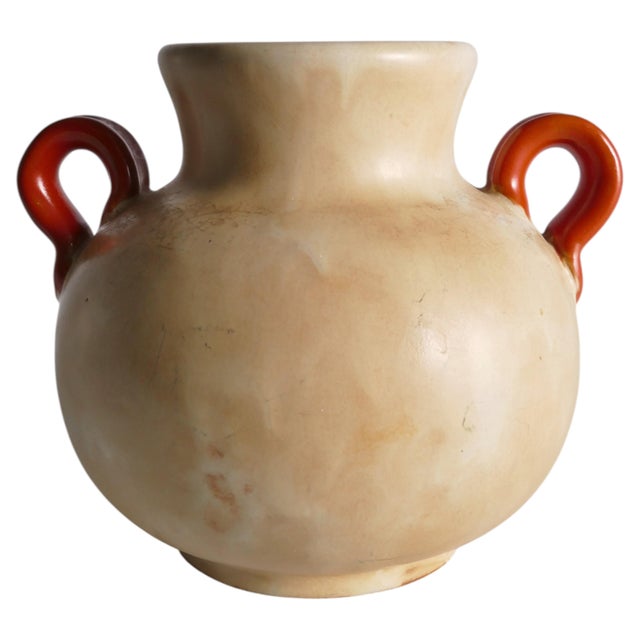 Art Deco Beige Ceramic Vase with Red Handles by Anna-Lisa Thomson for Upsala Ekeby, 1930s For Sale - Image 16 of 16