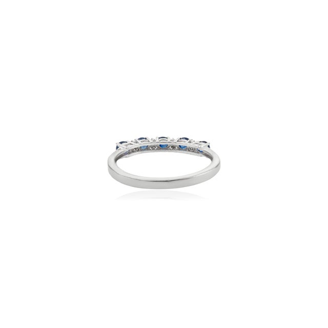 Metal Round Cut Blue Sapphire & Diamond Half Eternity Band in 925 Silver- Size 7 For Sale - Image 7 of 11